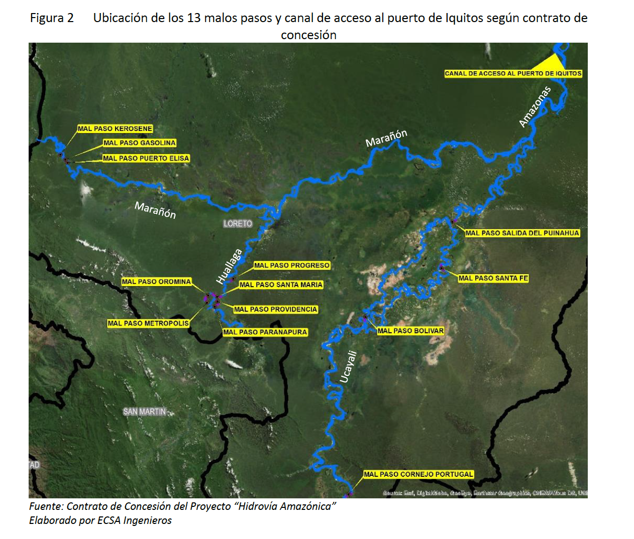 Ubicación de los 13 malos pasos y canal de acceso al puerto de Iquitos