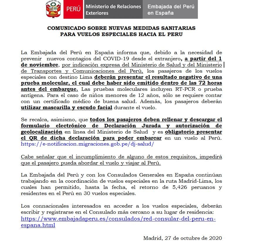 Comunicado de la Embajada del Perú en España