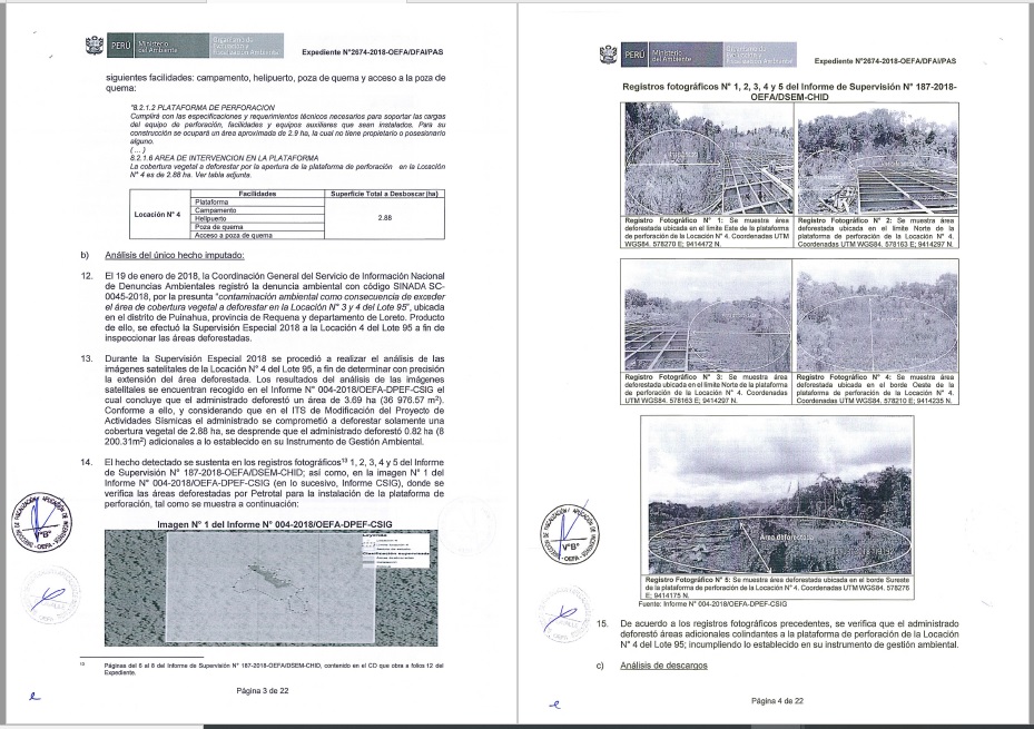 Fotos de la resolución del Oefa que evidencian la deforestación provocada en el Lote 95 por Petrotal.