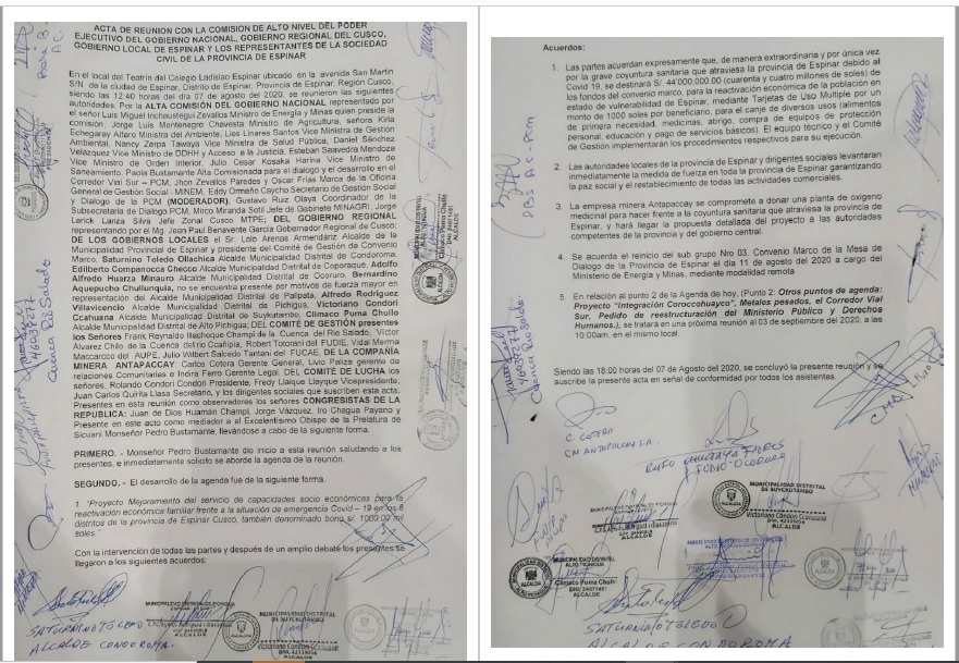 Acta de acuerdo entre representantes de minera Antapaccay y Espinar. Foto: Difusión