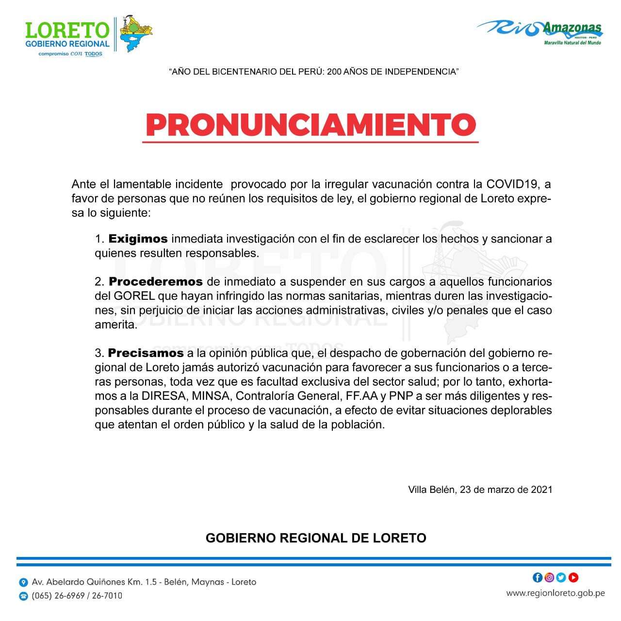 Loreto-Comunicado Gobierno Regional