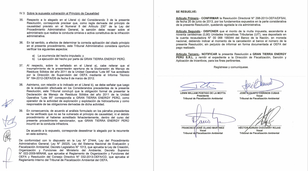 Confirmación de multa aplicada por el OEFA a Gran Tierra Energy Perú.