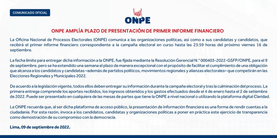 ONPE AMPLÍA PLAZO REPORTE FINANCIERO