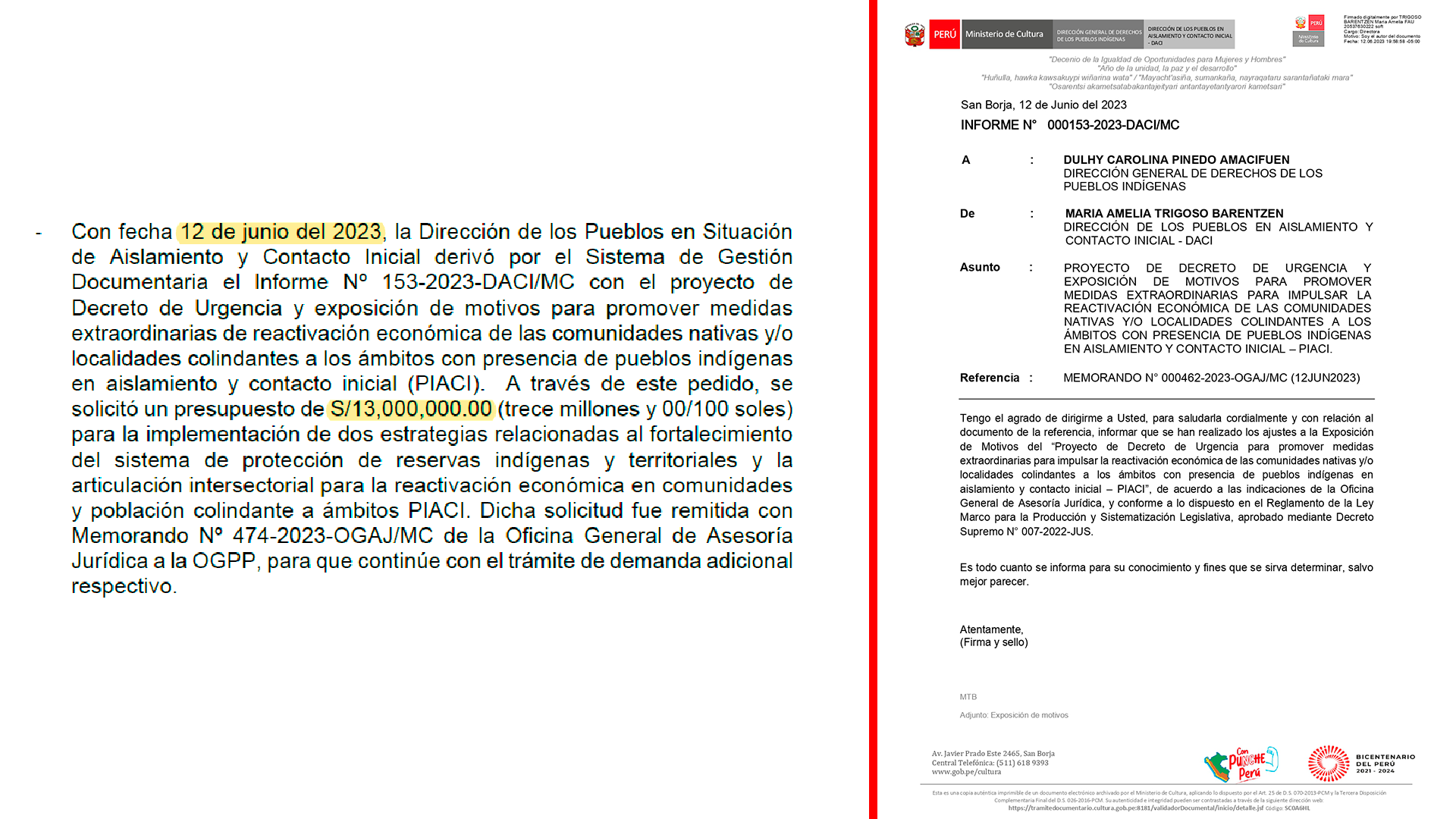 Documento recibido por la AIDESEP relativo al presupuesto necesario para la protección de las reservas a favor de los PIACI