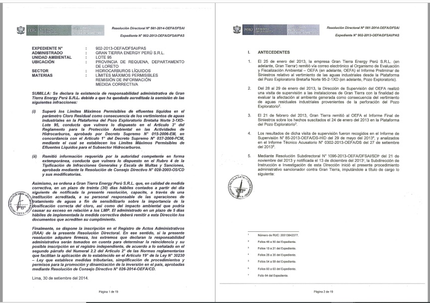 Resolución del Oefa sobre derrame de aguas industriales de Petrotal, en el Lote 95.