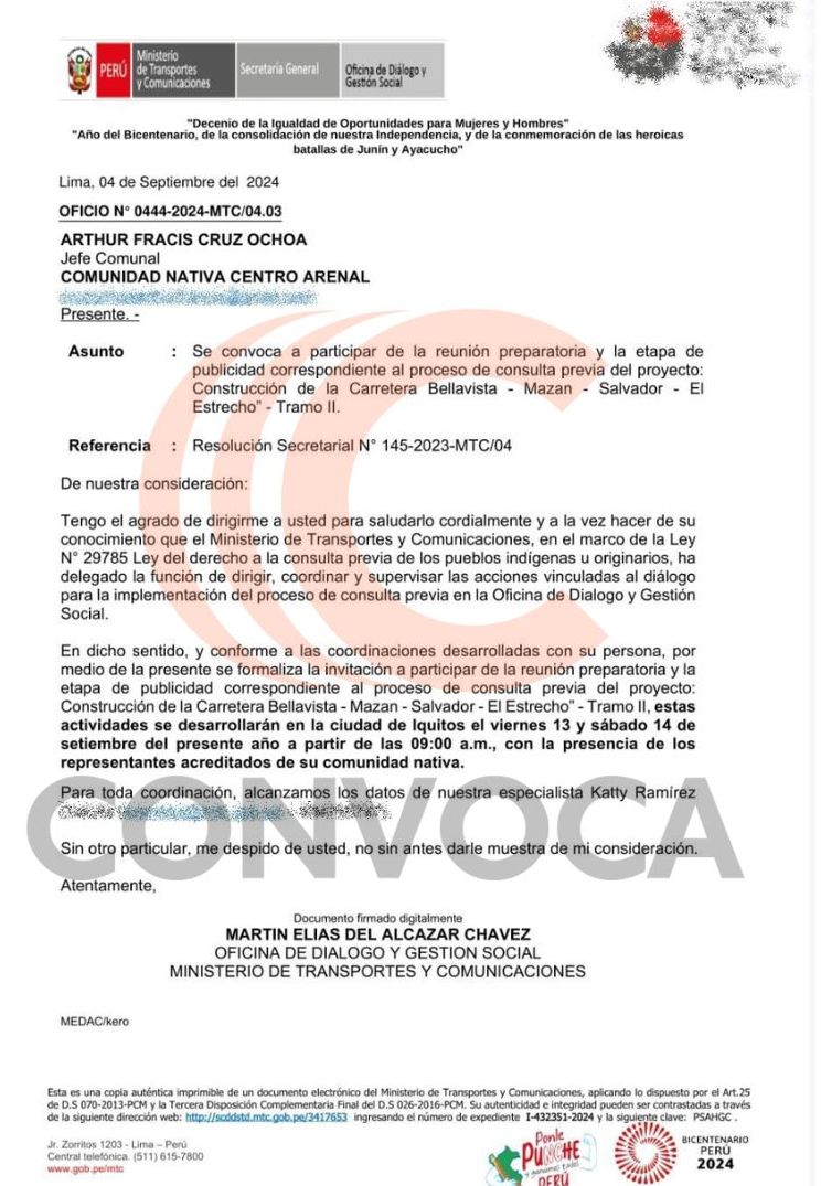 Carta del MTC