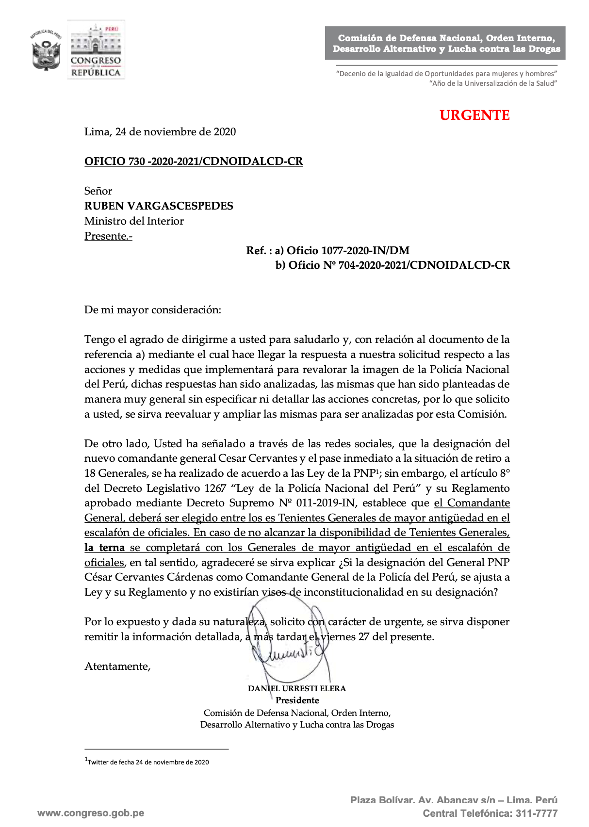 Carta de Daniel Urresti al ministro del Interior