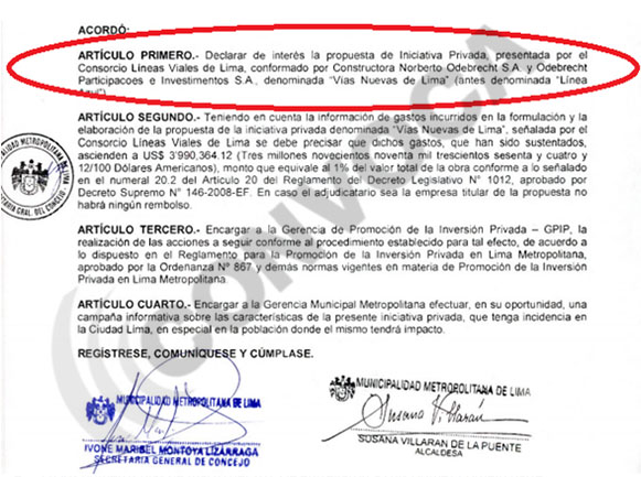 (Declaratoria de “interés” a la propuesta de Iniciativa Privada presentada por el Consorcio Líneas Viales de Lima, conformado Odebrecht