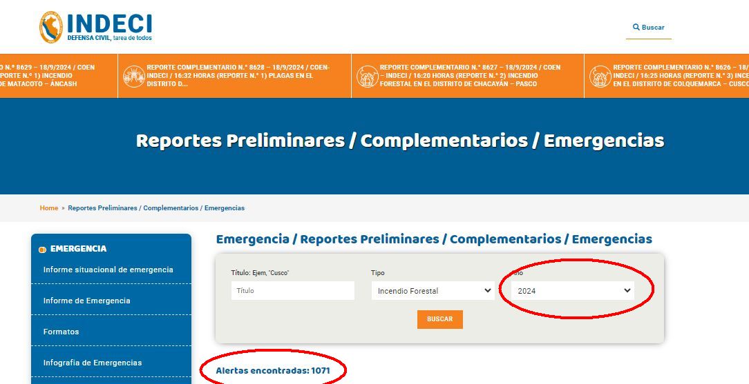 reporte incendios forestales indeci 2024