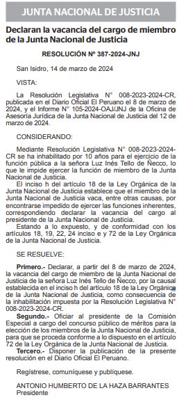 JNJ declara la vacancia del cargo de Inés Tello